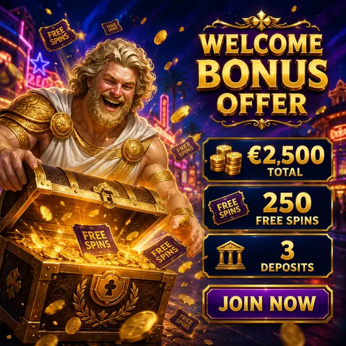 Giocatore esultante apre un forziere del tesoro rivelando un bonus di benvenuto di €2.500 in un casinò illuminato al neon
