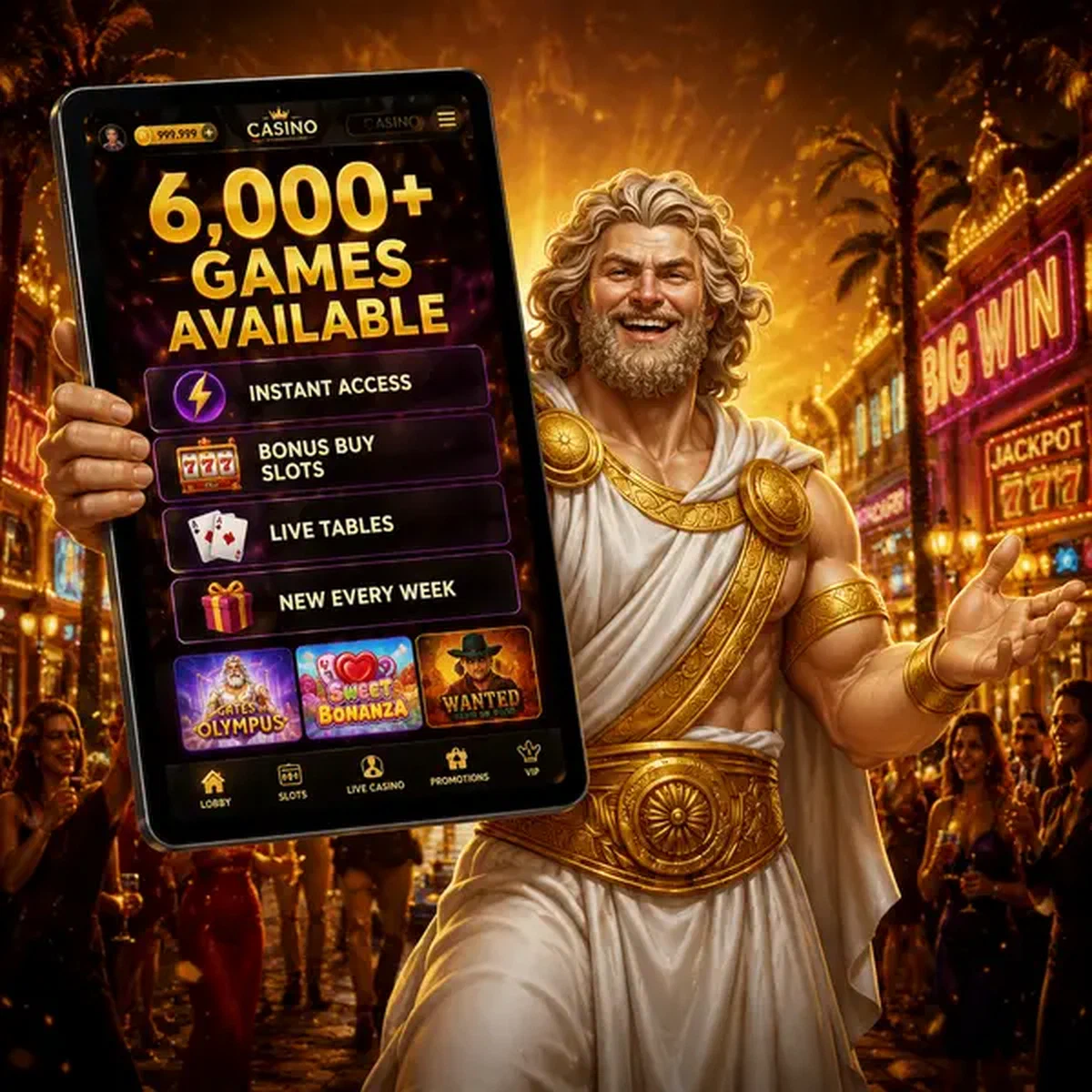 Festaiolo che mostra oltre 6.000 giochi nell'app Casinò Savaspin su schermo tablet luminoso