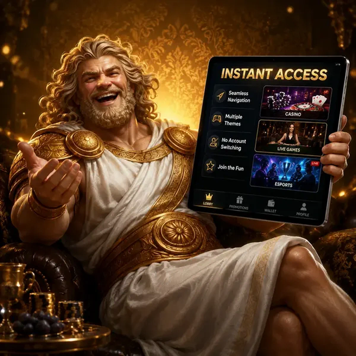 Dio della celebrazione che tiene un tablet che mostra l'interfaccia di login all'accesso istantaneo alla lobby dopo il login