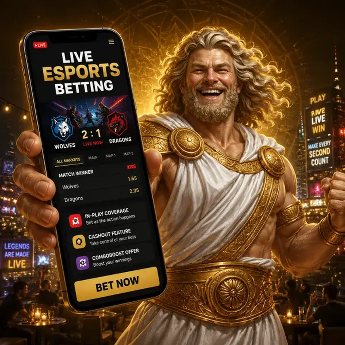 Giocatore energico che esplora l'azione delle scommesse esport al lounge sul tetto Savaspin Live
