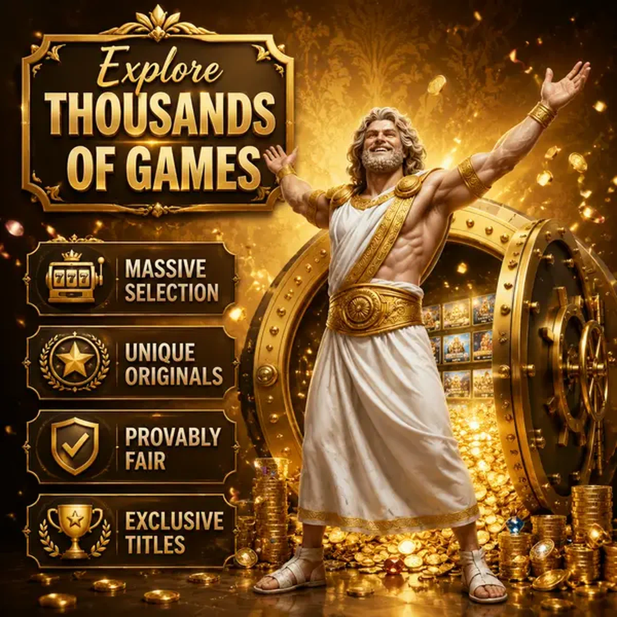 Giocatore fortunato che festeggia alla registrazione del Suo Casinò con caveau dorato di oltre 6.000 giochi