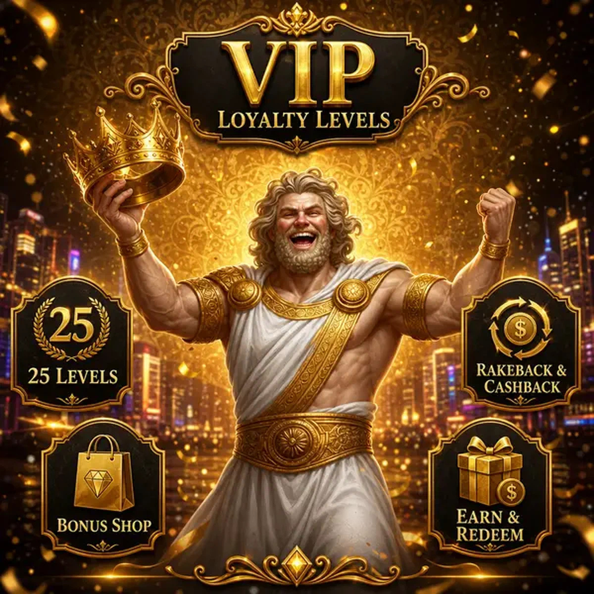 Personaggio trionfante che tiene corona dorata alla celebrazione del programma fedeltà VIP Savaspin